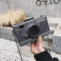Silver camera shaped crossbody bag with star sequins and metallic chain strap - Silver