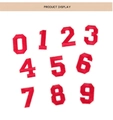 Detail of red embroidered number patches from zero to nine with white stitched edges - 0-9 Numbers Set / Rose Red