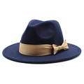 Detail of navy blue wool fedora hat featuring a khaki satin ribbon and elegant side bow - Navy Blue
