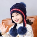 Winter knit baby girl earflap hat in navy blue with red stripes and fluffy pom-poms - Navy Blue