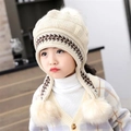 Kids warm knitted earflap hat with pom poms in creamy beige color for winter warmth - Beige