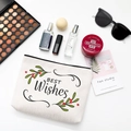 Beige canvas makeup bag with BEST Wishes leaf print and secure black zipper - Style B