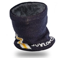 Winter thermal knit neck warmer in navy blue with lightning pattern and thick grey fleece lining - Navy Blue