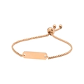 Close-up of rose gold adjustable bead chain bracelet with blank rectangular metal plate - Rose Gold