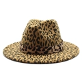 Detail of trendy leopard print wool fedora hat with a wide brim for autumn fashion - Camel