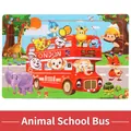 Wooden animal school bus jigsaw puzzle for kids featuring colorful cartoon zoo characters - Animal School Bus (3008)