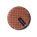 Macro detail of brown microfiber makeup puff with Clean Sponge branded black ribbon - Brown