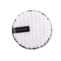 Detailed texture of ultra-soft white microfiber makeup remover puff with ribbon strap - White