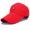 Red cotton baseball cap with long brim and black shield logo featuring number 55 - Red
