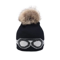 Black knit beanie with brown faux fur pom pom and silver glasses pattern for winter warmth - Custom Labeling / Black - Imitation Raccoon Fur Ball