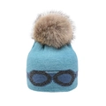 Detail of teal knit beanie featuring black goggles pattern and soft faux fur pompom - Fruit Green - Imitation Raccoon Fur Ball