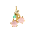 DIY cherry pendant charm with pink cat eye stone and green zircon in gold finish - Pink Cherry