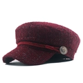 Deep burgundy tweed newsboy cap with vintage gold button and textured weave fabric - M / Burgundy