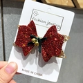 Sparkly red sequin Christmas hair bow with green ribbon and golden bells for girls - 7 Red Sequin Bow with Bells and Green Ribbon