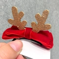 Red velvet Christmas bow hair clip with golden glitter reindeer antlers for girls - 6 Gold Antler with Red Velvet Bow