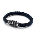 Pulsera de calavera de acero inoxidable con correa de cuero trenzado negro y azul - 22cm / Azul (KB85130-BD)