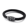 Pulsera trenzada de cuero negro con dije de calavera plateada y hebilla metálica - 22cm / Blanco (KB85132-BD)