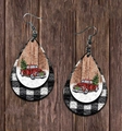 Leather teardrop earrings with red truck and Christmas tree on buffalo plaid - Black White Grid