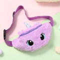 Detail of purple plush unicorn waist bag with glitter horn and adjustable strap - Purple