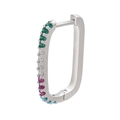 Macro view of rectangular silver earrings featuring colorful micro-pave zircon stones - Platinum Multi Zirconia