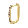 Macro shot of rectangular gold earring with purple pavé-set cubic zirconia crystals - Gold Purple Zirconia