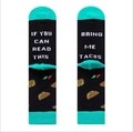Funny mid-calf cotton socks in black and teal with 'Bring Me Tacos' text and taco pattern - One Size / Black Tacos Slogan