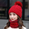 Winter chenille knit hat and neck warmer set in vibrant red with a fluffy faux fur pompom - M (56-58cm) / Red