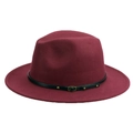 Classic burgundy wool fedora hat featuring a black leather band and metal buckle detail - M (56-58cm) / Burgundy