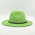 Neon green wool fedora hat with black leather buckle strap for a retro stylish look - M (56-58cm) / Fruit Green