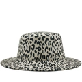 British style leopard print flat top wide brim wool felt fedora hat for women - Cream