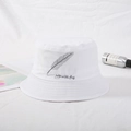 White cotton bucket hat with gray feather embroidery and We Will Fly text detail - White Feather Embroidery