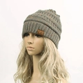 Dark grey confetti knit beanie with chunky cable pattern and C.C brown leather patch - Grey Green