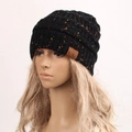 Black confetti knit beanie with colorful flecks and brown leather C.C patch label - Black