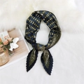 Pleated silk scarf with navy and olive green geometric paisley print on soft faux fur - 70cm/Pleated / Small Grid Paisley Green