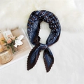 Pleated square scarf in navy and brown with geometric paisley patterns on plush fur background - 70cm/Pleated / Small Grid Paisley Navy Blue