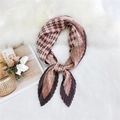 Pleated silk scarf in coffee and beige paisley pattern with delicate geometric details - 70cm/Pleated / Small Grid Paisley Orange
