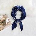 Dark blue pleated silk scarf with white paisley pattern and contrast cream border - 70cm/Pleated / Bagua Flower Navy Blue