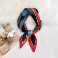 Pleated geometric square scarf in red, navy, and white silk-like fabric with fine creases - 70cm/Pleated / Colorful Grid Red Border