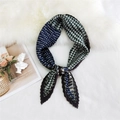 Pleated silk scarf with geometric blocks in navy and green on a white plush rug - 70cm/Pleated / Triangle Geometric Navy Blue