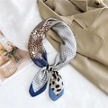 Silk neck scarf featuring leopard and geometric patchwork patterns in navy and khaki - 18 Geometric Y Blue