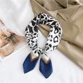 Elegant leopard print silk scarf with geometric color-block ends for neck or hair - 26 Ink Leopard Navy