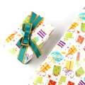 Cartoon birthday gift wrapping paper with colorful present patterns and Happy text tag - Birthday Gift / 50x70cm