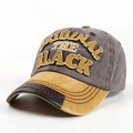 Casquette de baseball en denim délavé rétro avec broderie BLACK et visière en cuir - Réglable / Café avec Bord Jaune