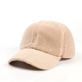 Detailed view of beige lamb wool baseball cap with corduroy brim and warm fuzzy texture - Adjustable / Khaki (Corduroy Brim)