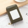 Dark green litchi texture leather card holder with clear ID window and zip closure - Dark Green