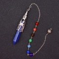 Macro detail of Lapis Lazuli hexagonal crystal point with seven chakra beads and metal chain - Lapis Lazuli With Chakra Chain
