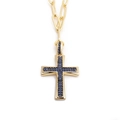 Collier hip hop doré avec pendentif croix orné de zircons cubiques bleu foncé - Croix / Bleu