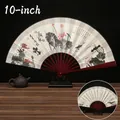Classic 10-inch folding fan with dark red wooden ribs and lotus ink painting design - 10 Inch Lotus and Fish Fun