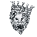 Vintage silver lion head crown brooch with white rhinestones and black eye accents - Antique Silver