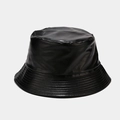 Detailed view of black PU leather bucket hat showing reinforced multi-row stitching on brim - M (56-58cm) / Black